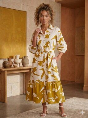 Boho NAOO 100% Cotton Tie-Waist Midi Tiered Shirtdress in White & Mustard L